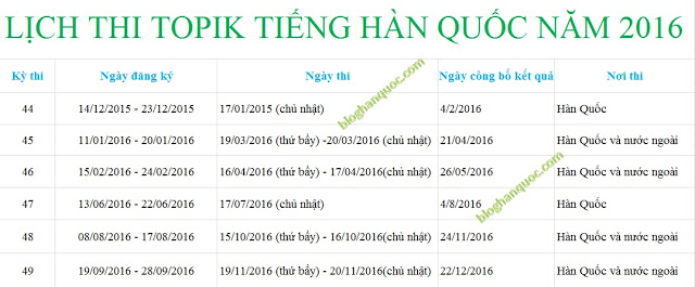 Lịch thi topik tiếng Hàn 2016